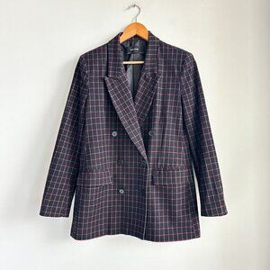 Zara Basic Black Red Window Pane Plaid Double Breasted Blazer M